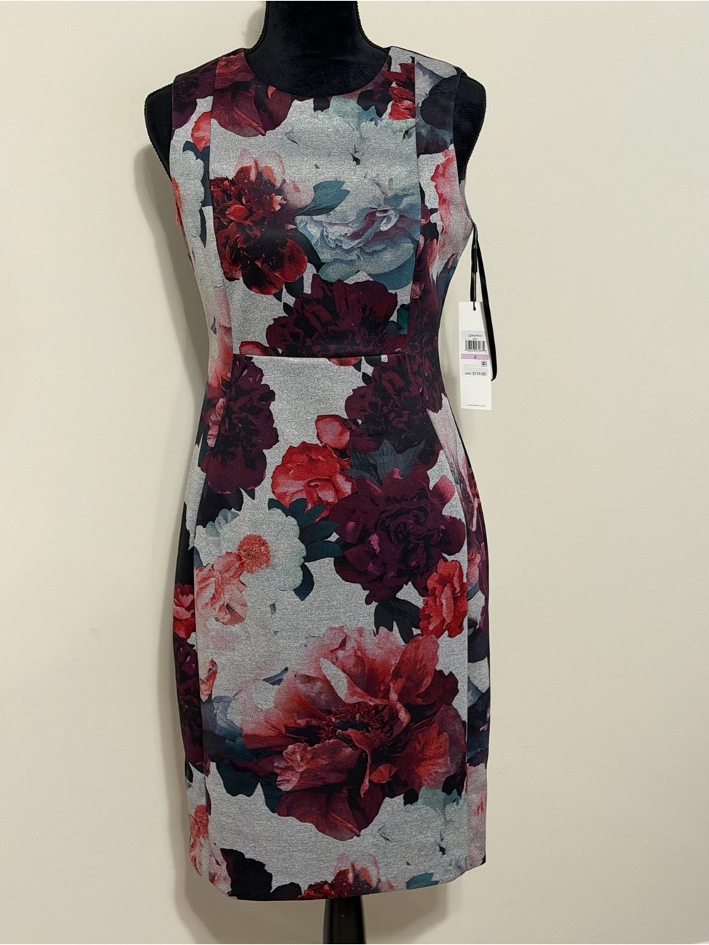 NWT Floral Sheath Dress in Gray and Burgundy - Unbranded